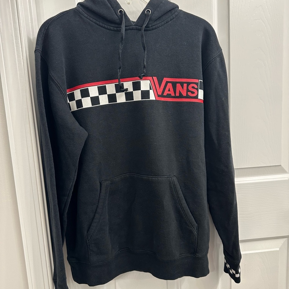 Vans Black Hoodie with Red Logo and Checkered Pattern